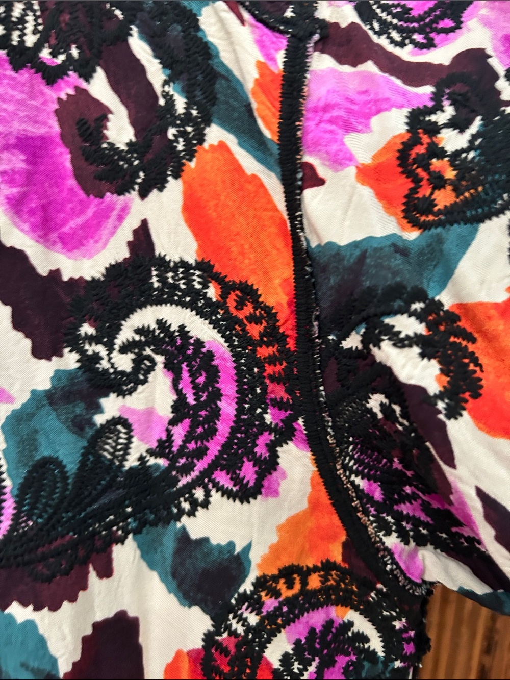 Democracy Floral V-Neck Tunic with Black Crochet Trim in Purple, Orange & Green - Picture 16 of 16